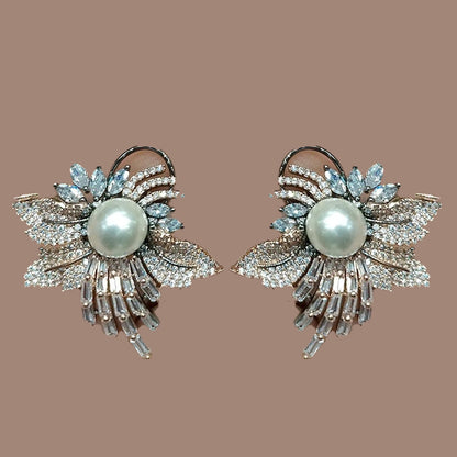 Crystal Pearl Feather Leaf Statement Earrings