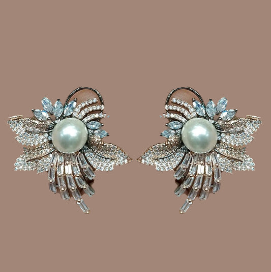 Crystal Pearl Feather Leaf Statement Earrings