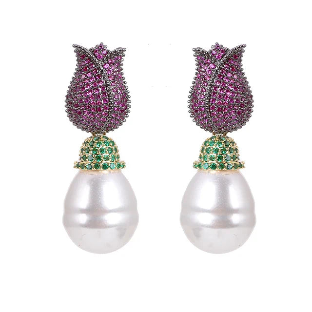 Tulip & Pearl Pavé Drop Earrings