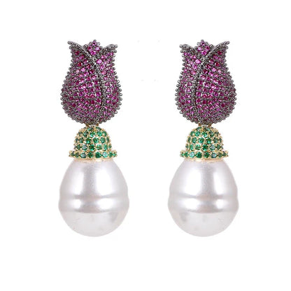 Tulip & Pearl Pavé Drop Earrings
