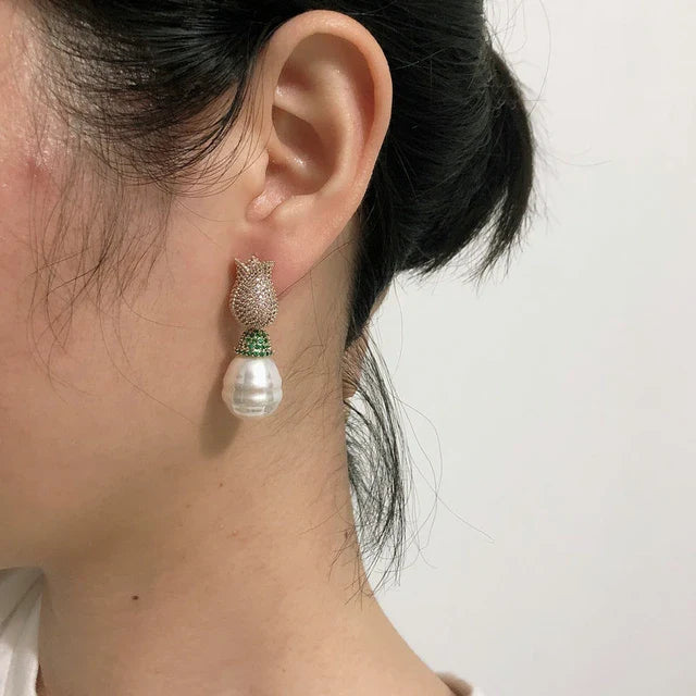 Tulip & Pearl Pavé Drop Earrings