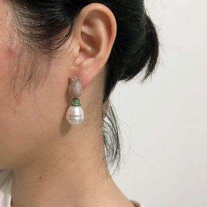 Tulip & Pearl Pavé Drop Earrings