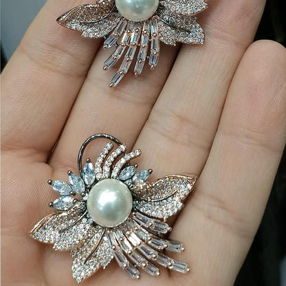 Crystal Pearl Feather Leaf Statement Earrings