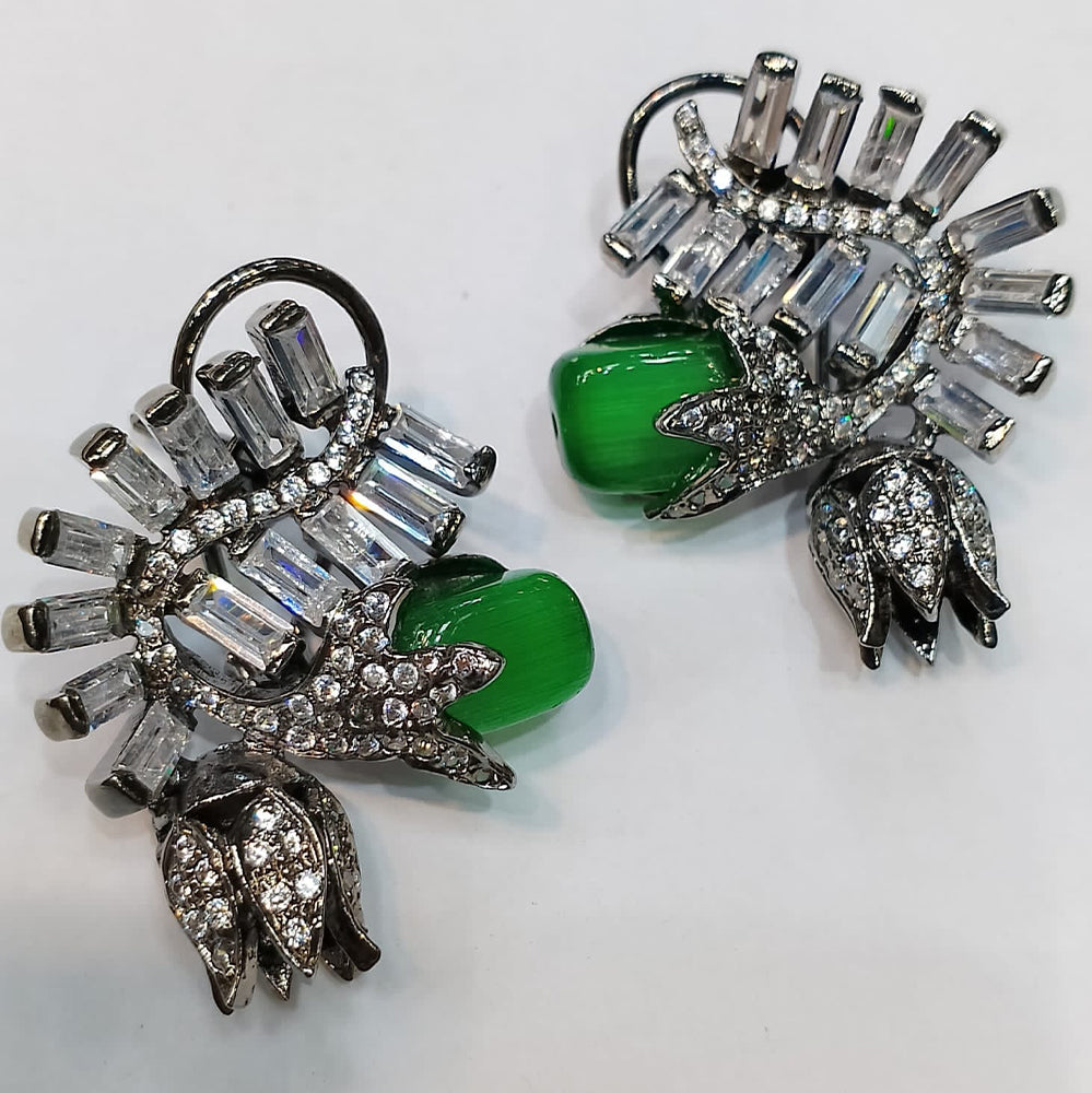 Tulip Flower Earrings with Green Stones and Baguette Crystals