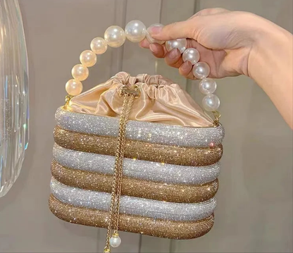 Rhinestone Drawstring Bucket Bag with Pearl Handle