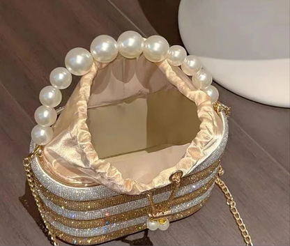 Rhinestone Drawstring Bucket Bag with Pearl Handle