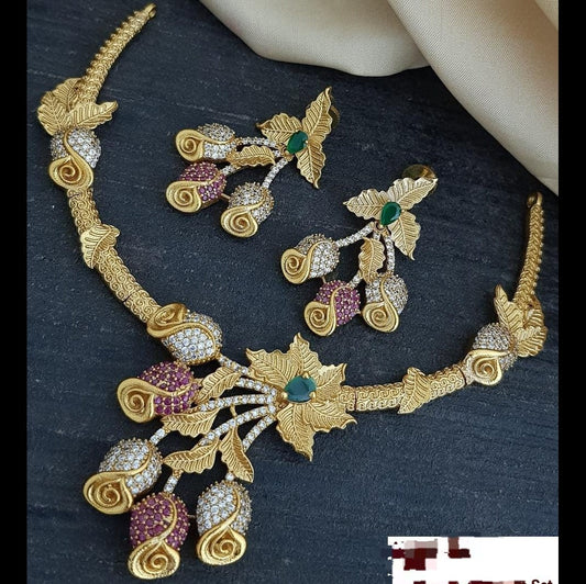 Floral Gold Necklace and Earrings Set with Gemstone Accents