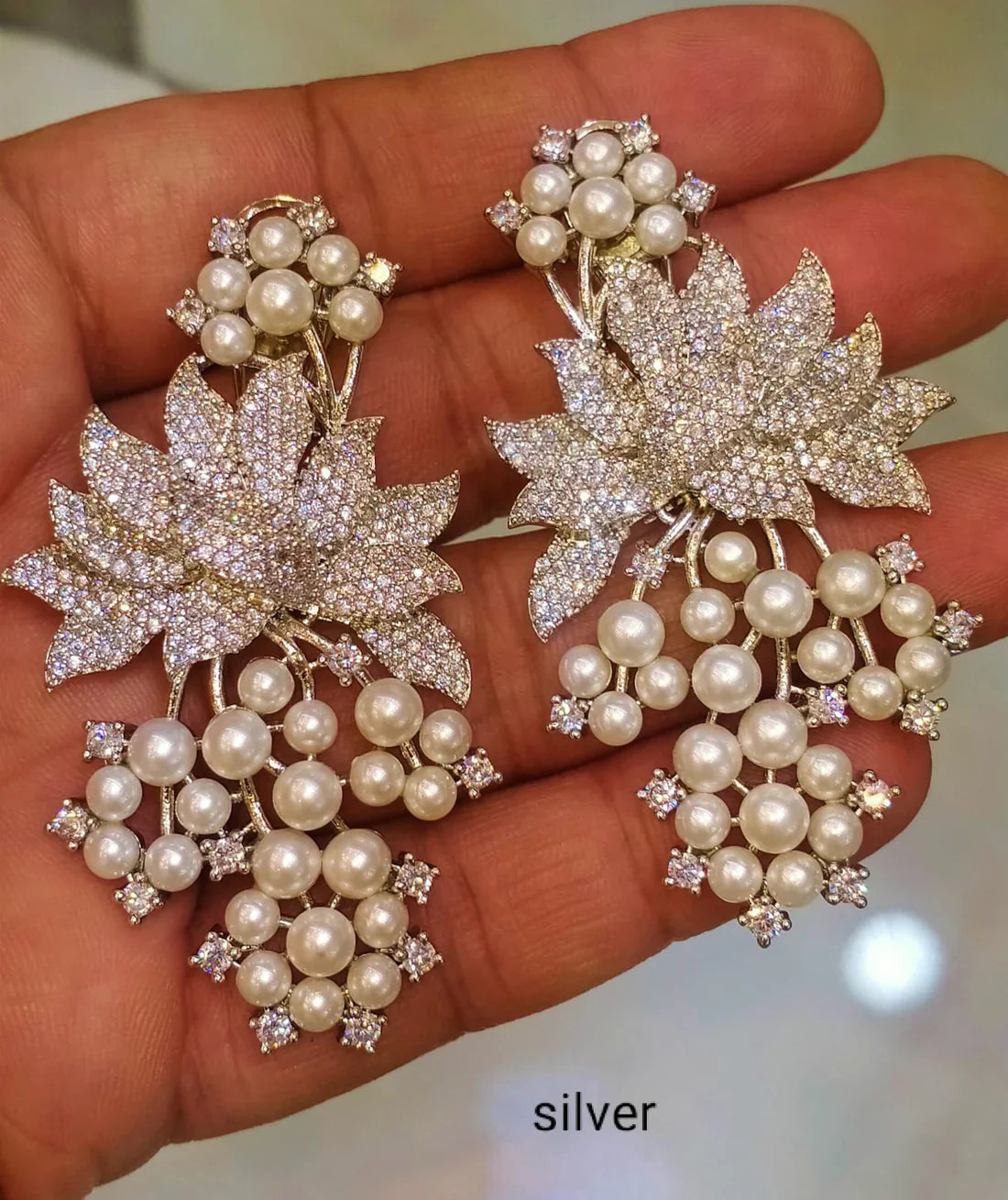 Crystal Lotus Flower Pearl Grapes Drop Earring