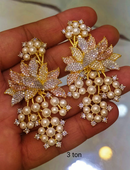 Crystal Lotus Flower Pearl Grapes Drop Earring