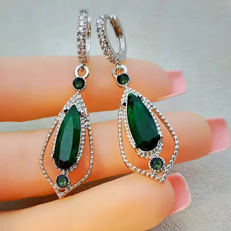 Emerald Green Teardrop Halo Hoop Earrings
