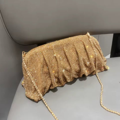 Gold Rhinestone Ruched Clutch Bag