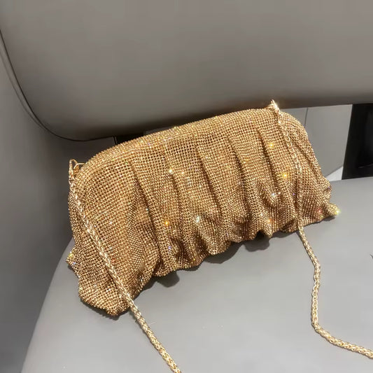 Gold Rhinestone Ruched Clutch Bag