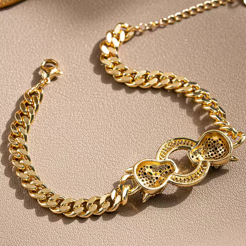 Double Panther Head Cuban Link Bracelet