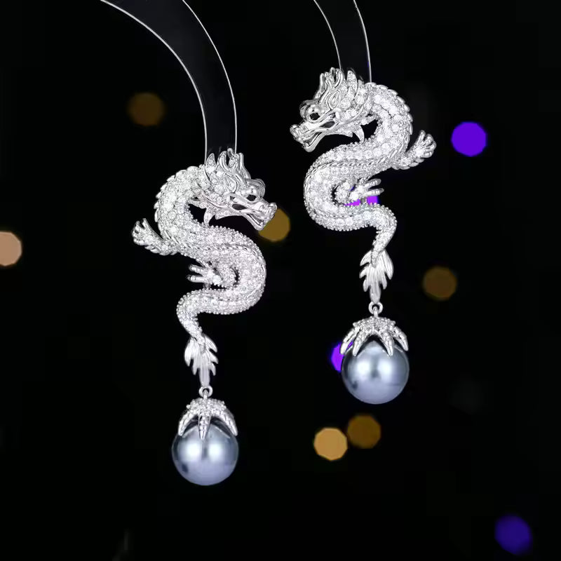 Diamond Dragon Pearl Drop Earrings