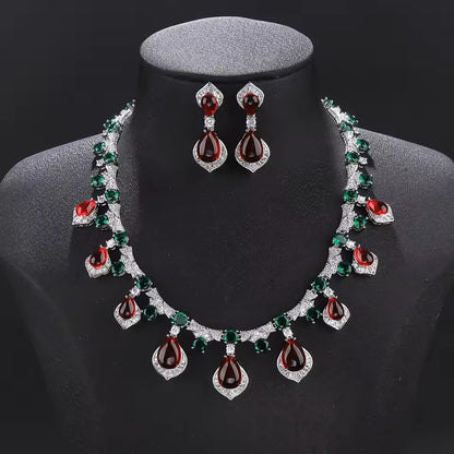 Luxury Red and Green Crystal Water Drop Bridal Jewelry Set
