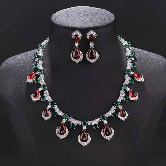 Luxury Red and Green Crystal Water Drop Bridal Jewelry Set