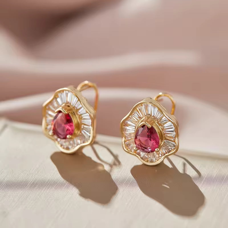 Pear Cut Ruby & Baguette Diamond Ballerina Earrings