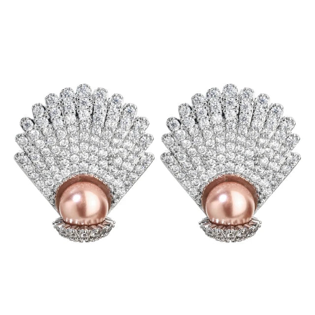 Diamond-Encrusted Shell Pearl Earrings