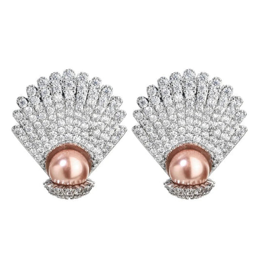 Diamond-Encrusted Shell Pearl Earrings