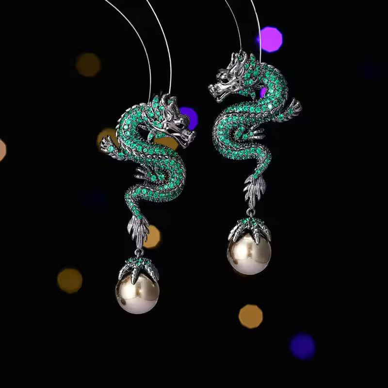 Diamond Dragon Pearl Drop Earrings