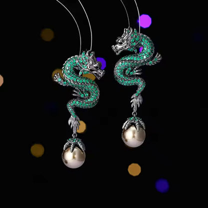 Diamond Dragon Pearl Drop Earrings