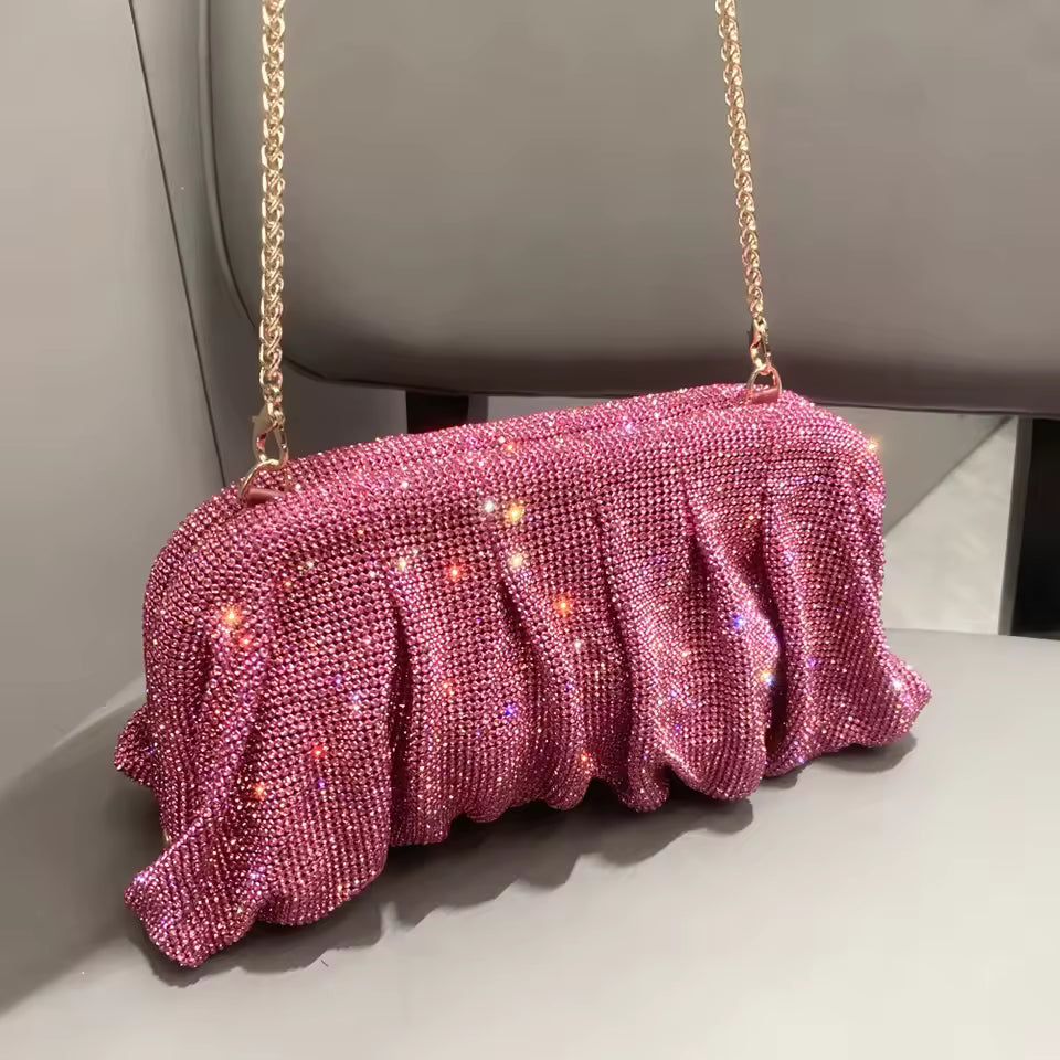 Gold Rhinestone Ruched Clutch Bag