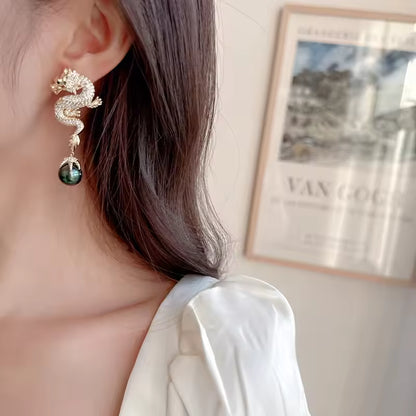 Diamond Dragon Pearl Drop Earrings