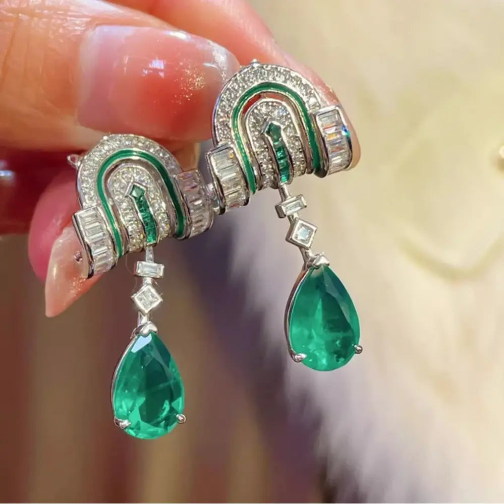 Pear-Shaped Emerald and Diamond Drop Earrings