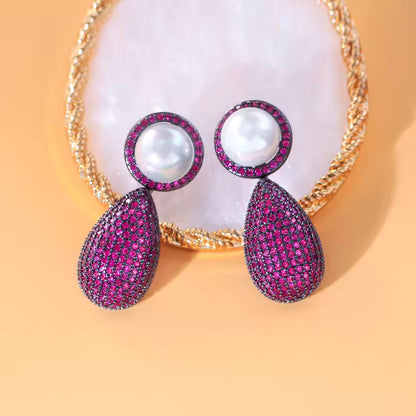 Magenta & Pearl Pavé Teardrop Earrings