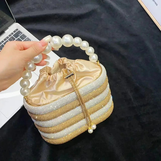 Rhinestone Drawstring Bucket Bag with Pearl Handle