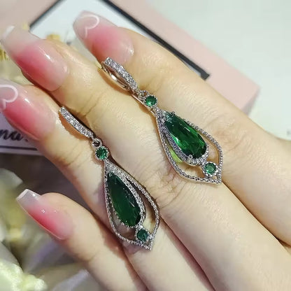 Emerald Green Teardrop Halo Hoop Earrings
