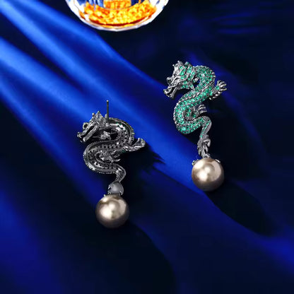 Diamond Dragon Pearl Drop Earrings