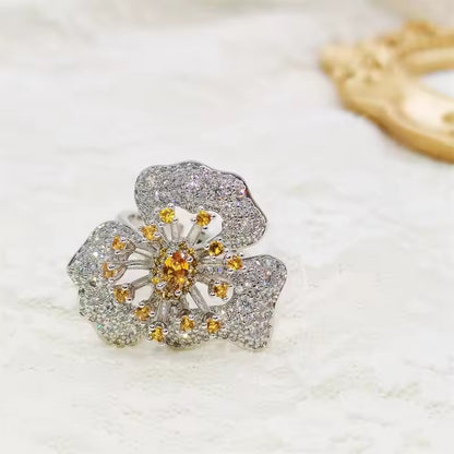 Pave Yellow and White Diamond Floral Ring
