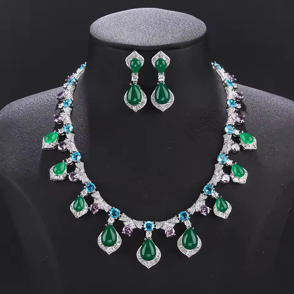 Luxury Red and Green Crystal Water Drop Bridal Jewelry Set