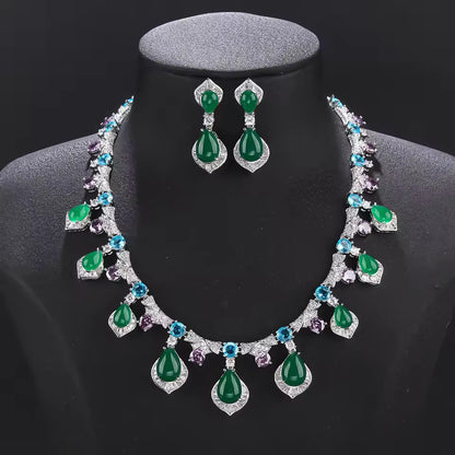 Luxury Red and Green Crystal Water Drop Bridal Jewelry Set