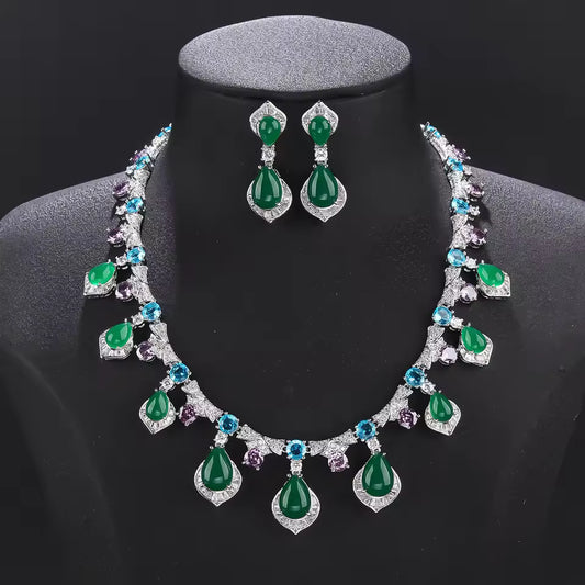 Luxury Red and Green Crystal Water Drop Bridal Jewelry Set
