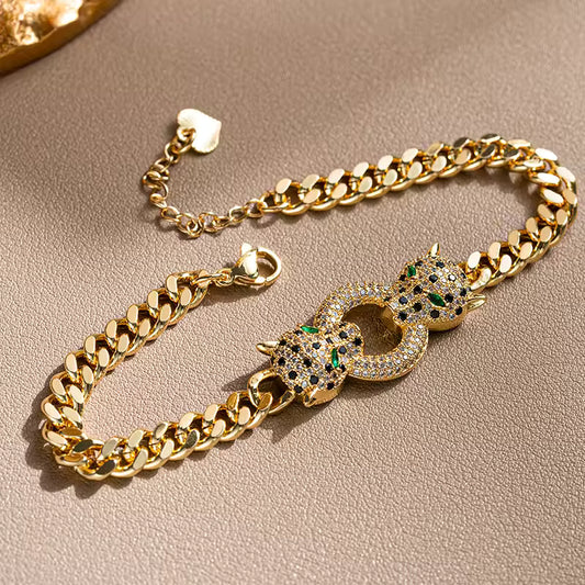 Double Panther Head Cuban Link Bracelet