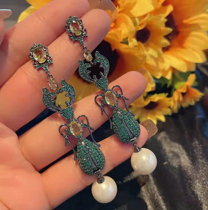Beetle Pearl Drop Earrings