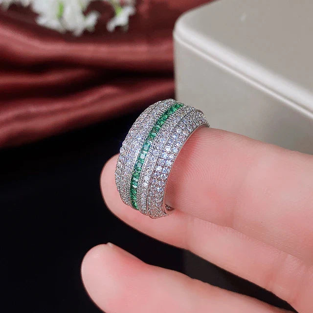 Green Emerald & Silver Multi-Row Pave Engagement Ring