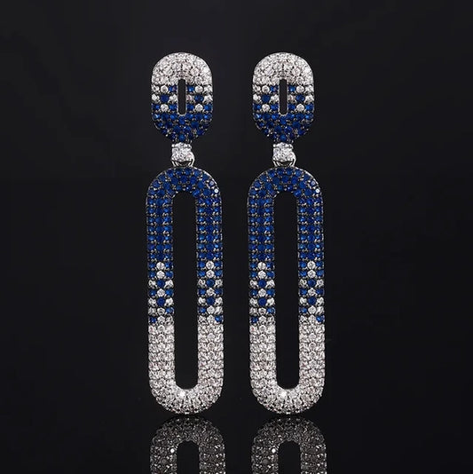 Blue and White Pavé Geometric Link Drop Earrings