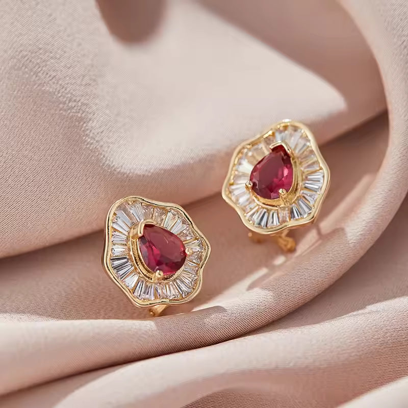Pear Cut Ruby & Baguette Diamond Ballerina Earrings