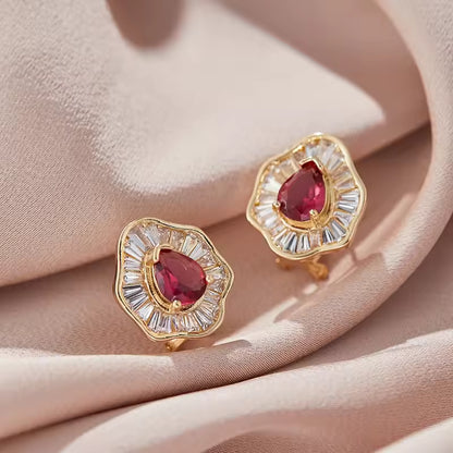 Pear Cut Ruby & Baguette Diamond Ballerina Earrings