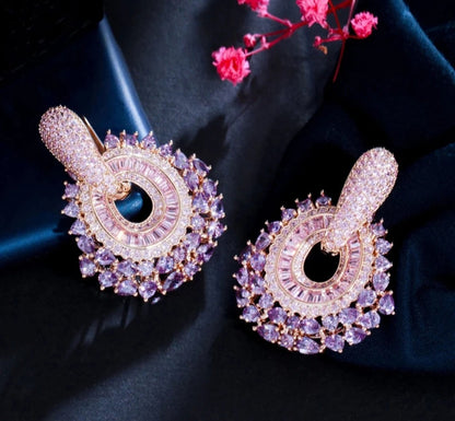 Luxury Purple & Pink Crystal Hoop Drop Earrings