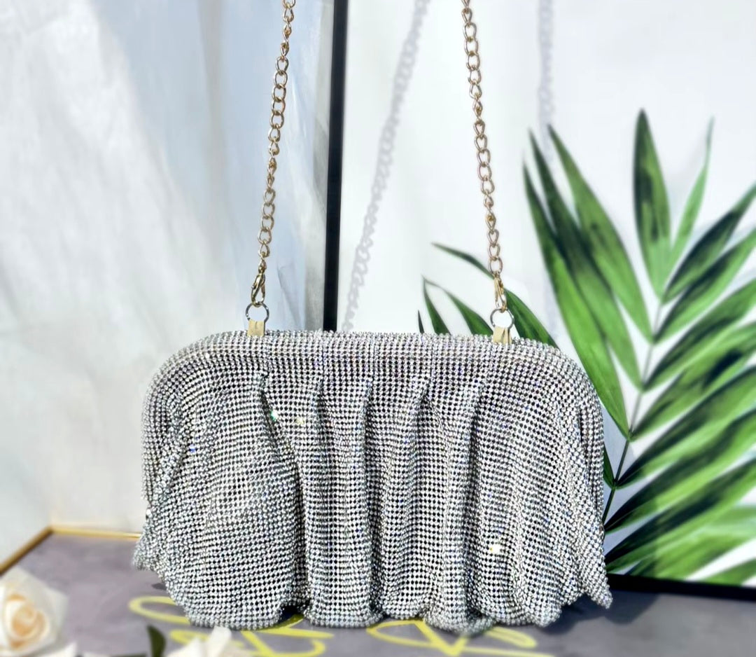 Gold Rhinestone Ruched Clutch Bag