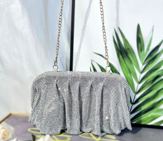 Gold Rhinestone Ruched Clutch Bag