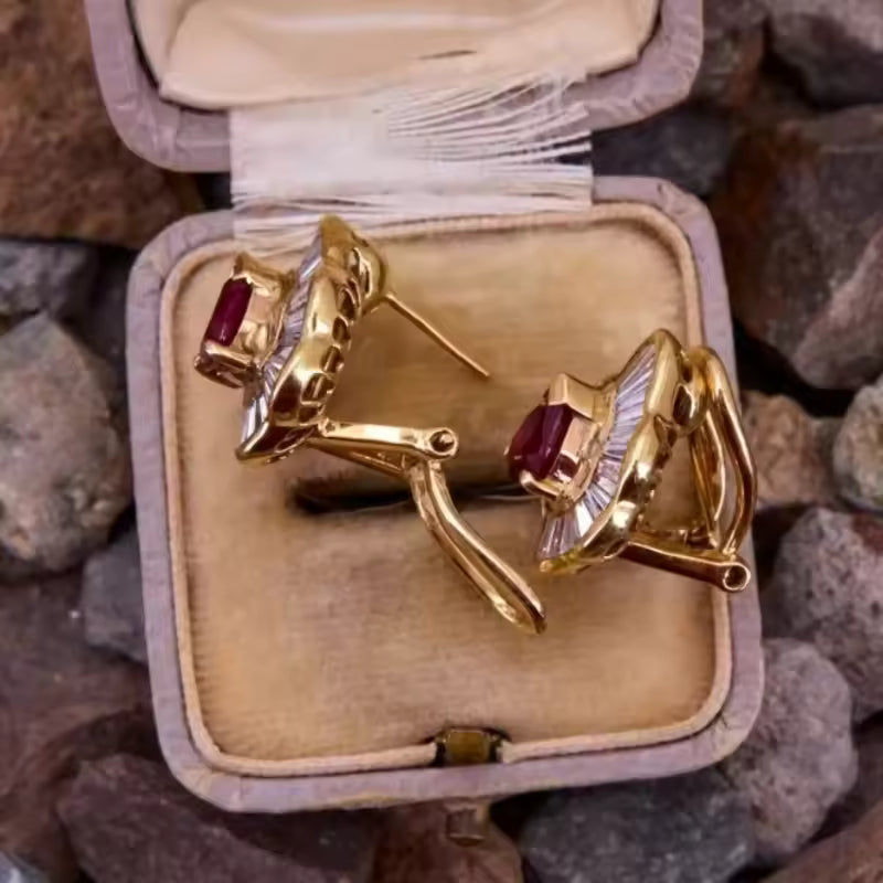 Pear Cut Ruby & Baguette Diamond Ballerina Earrings