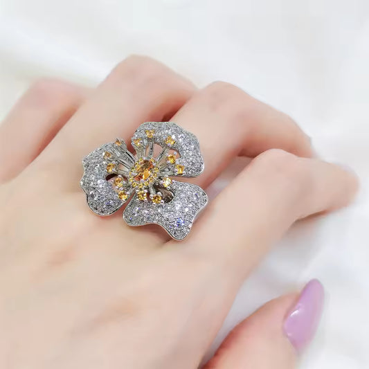 Pave Yellow and White Diamond Floral Ring