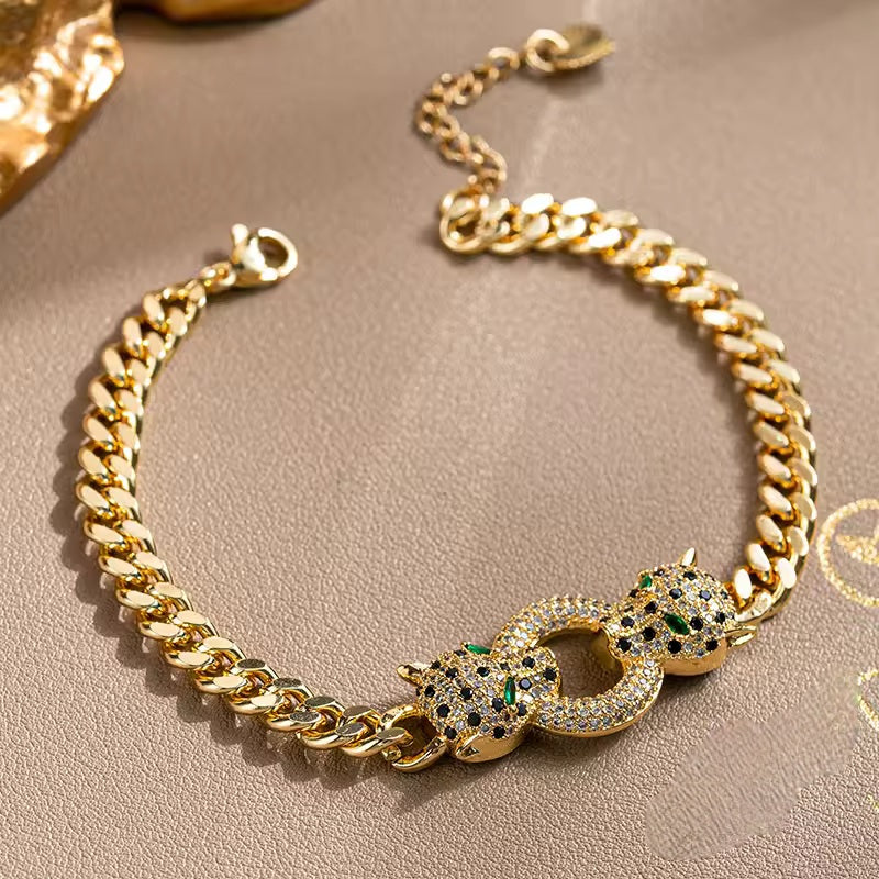 Double Panther Head Cuban Link Bracelet