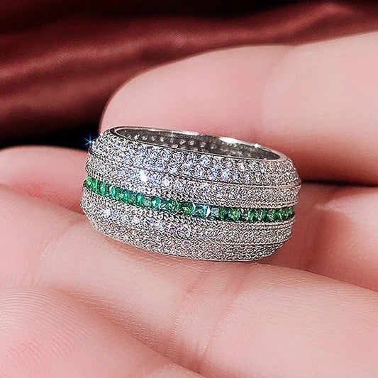 Green Emerald & Silver Multi-Row Pave Engagement Ring