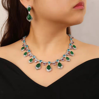 Luxury Red and Green Crystal Water Drop Bridal Jewelry Set